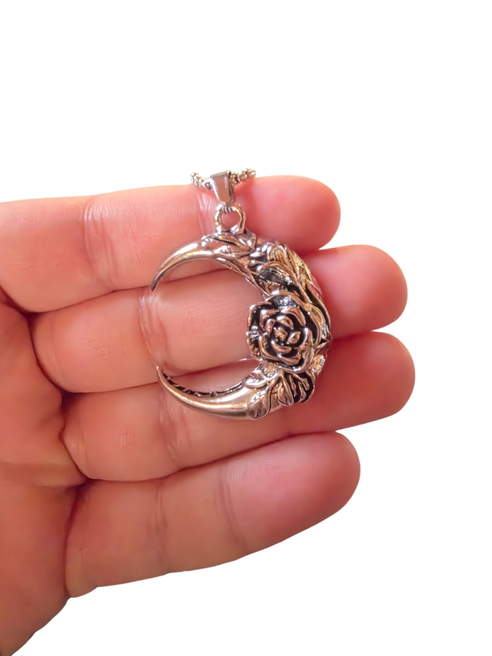 New Stainless Steel Crescent Moon Rose Pendant Necklace - Picture 3 of 7